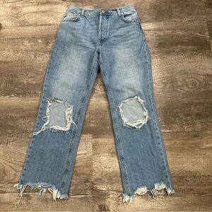Free People Button Fly Light Blue Distressed Straight Leg Jeans‎